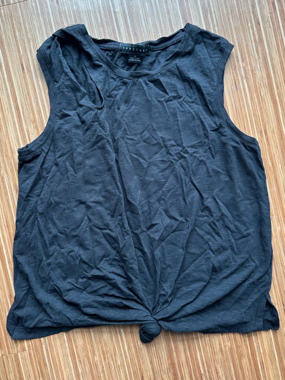Sanctuary Women’s Black Scoop Neck Tank Top, cutout detail & tie front, Medium